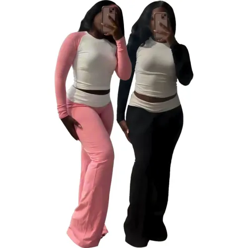 HR24061   Color blocking tight fitting high waisted folded slim fit pants with plush suit