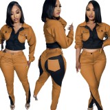 D2423 casual sports splicing color blocking long sleeved pants two-piece set