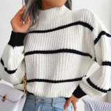 Sweater beauty autumn and winter high neck loose striped long sleeved sweater