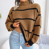 Sweater beauty autumn and winter high neck loose striped long sleeved sweater