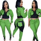 D2423 casual sports splicing color blocking long sleeved pants two-piece set