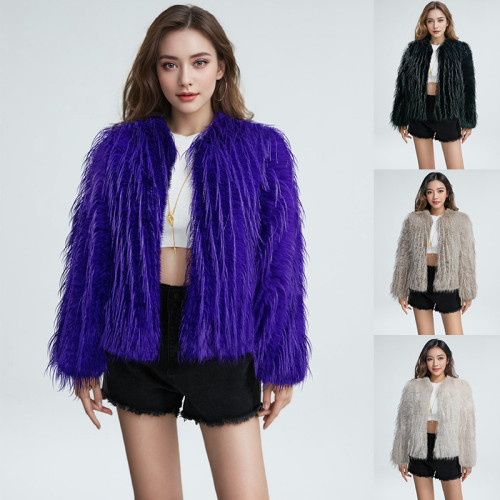Round neck tassel fur imitation fur short jacket for women
