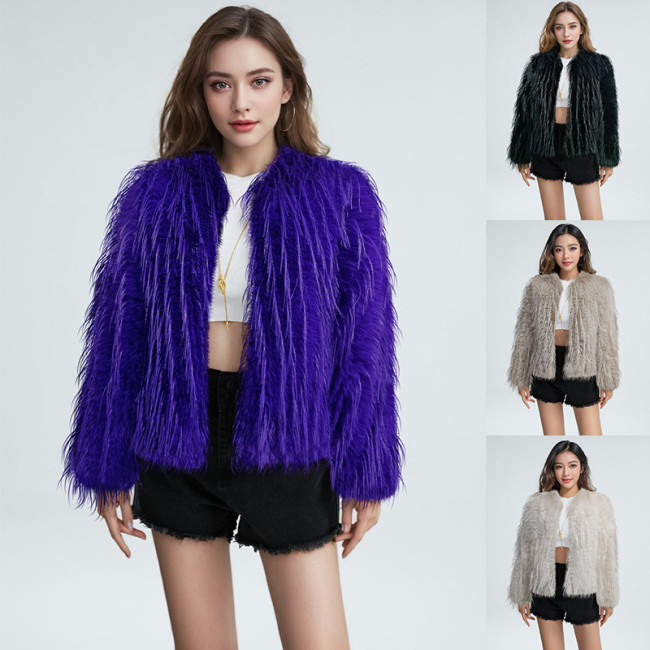 Round neck tassel fur imitation fur short jacket for women