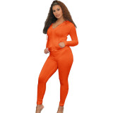 Two piece set of casual sports elastic tight zipper hooded long jacket and pants