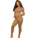 Two piece set of casual sports elastic tight zipper hooded long jacket and pants