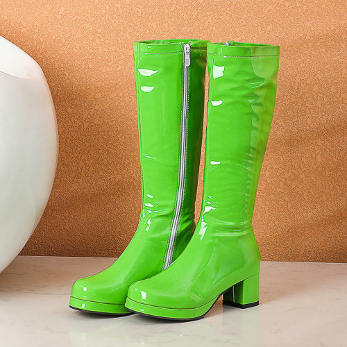 Coarse heel, middle heel, women's boots, patent leather high boots, side zipper