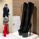 Steel pipe dance shoes, nightclub patent leather boots, super high heels, 17CM long boots, knee length oversized boots