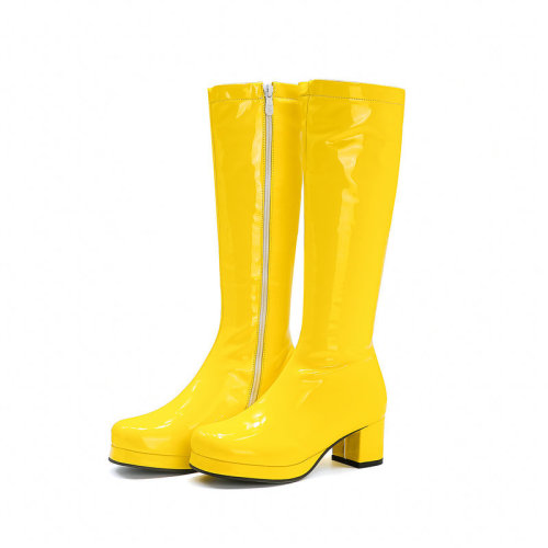 Coarse heel, middle heel, women's boots, patent leather high boots, side zipper