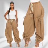 Elastic waistband, drawstring, tie, toe tie, bow, loose fit, slimming jeans, women's casual pants