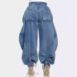 Elastic waistband, drawstring, tie, toe tie, bow, loose fit, slimming jeans, women's casual pants