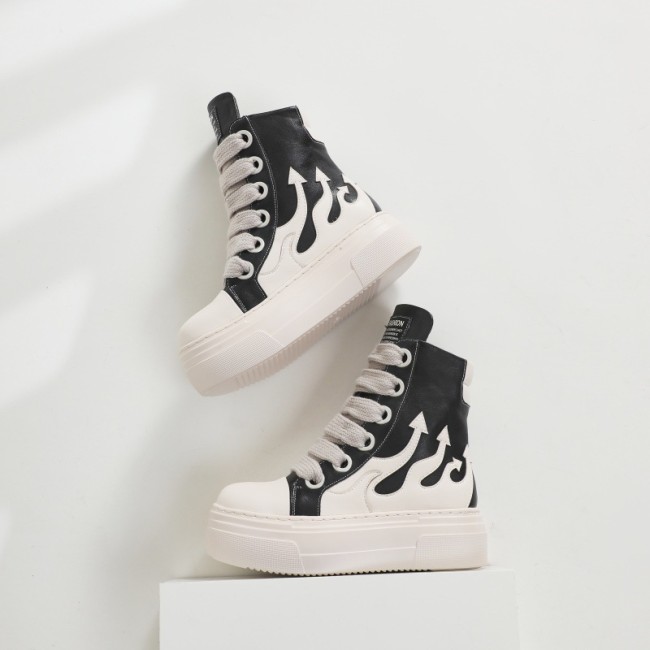 High top shoes with thick soles and thick shoelaces, couple flame shoes