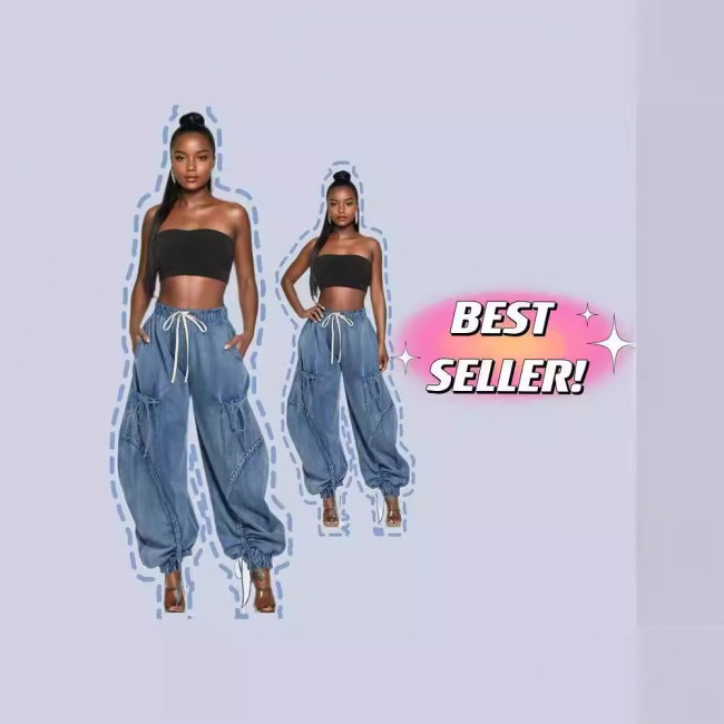 Elastic waistband, drawstring, tie, toe tie, bow, loose fit, slimming jeans, women's casual pants