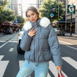 Cotton jacket with large fur collar and thick coat, short style