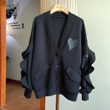 Space cotton cardigan jacket with lace sleeves, loose and casual