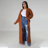 Women's cardigan, long sleeved sweater, long solid color jacket