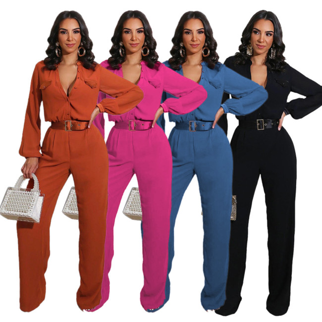 H190 loose fitting women's slim fit solid color long sleeved jumpsuit