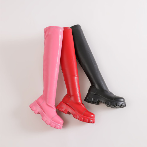 Thick soled elastic boots for women, candy colored over the knee boots