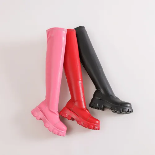 Thick soled elastic boots for women, candy colored over the knee boots