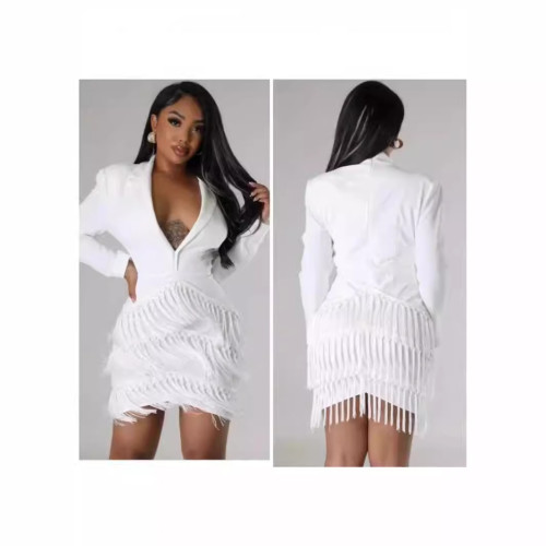 Popular Women's Fashion Solid Color Tassel OL Suit Dress