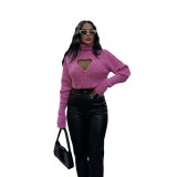 High neck heart-shaped hollow pullover sweater