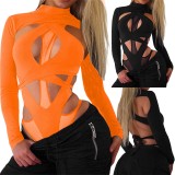 Cross hollowed out backless strap high neck long sleeved jumpsuit