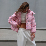 Small floral detachable hooded zipper cotton jacket