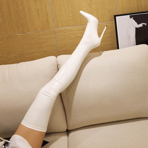 Knee high boots with pointed toes, super high heels, patent leather, black sexy boots