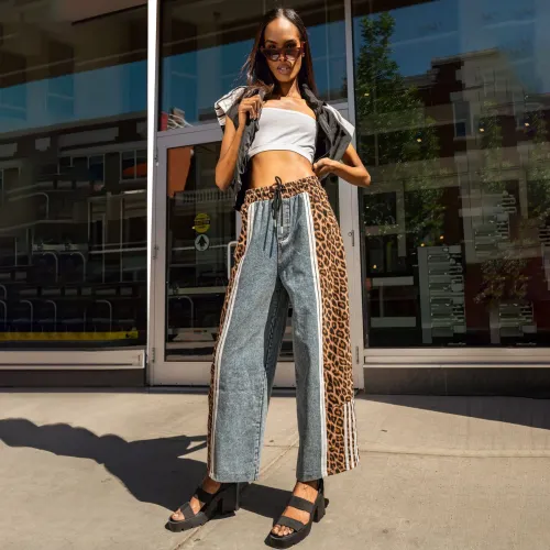 Leopard print drawstring spliced straight leg jeans for women