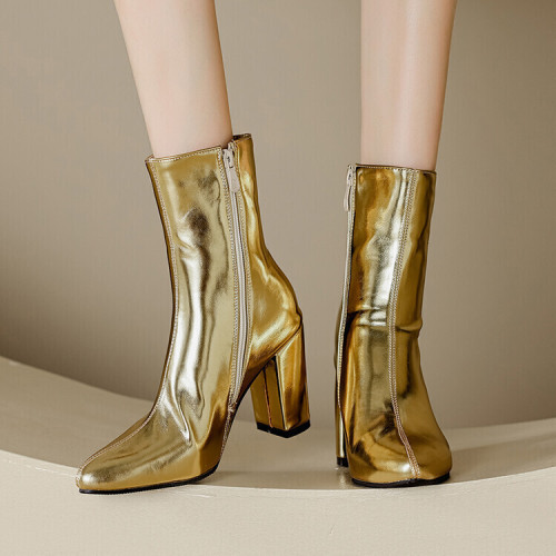 Pointed fashion boots, short tube, thick heel, side zipper