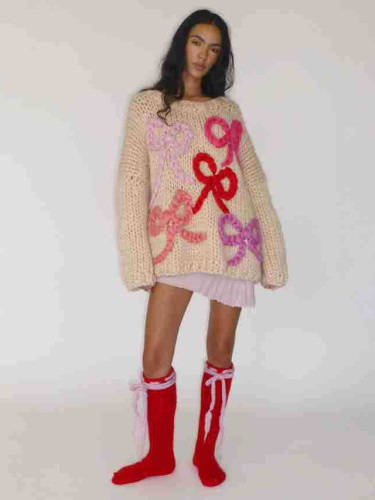 Round neck woolen bow sweater, medium to long pullover sweater
