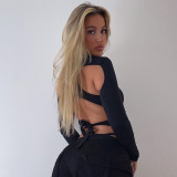 Cross hollowed out backless strap high neck long sleeved jumpsuit