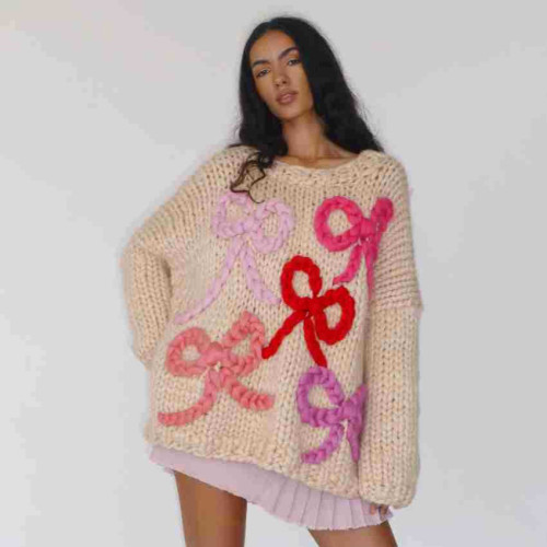 Round neck woolen bow sweater, medium to long pullover sweater