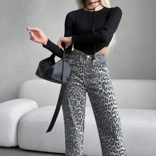 Leopard print straight leg pants high waisted casual pants