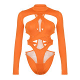 Cross hollowed out backless strap high neck long sleeved jumpsuit