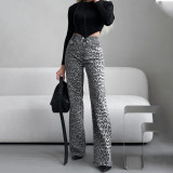 Leopard print straight leg pants high waisted casual pants