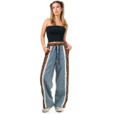 Leopard print drawstring spliced straight leg jeans for women
