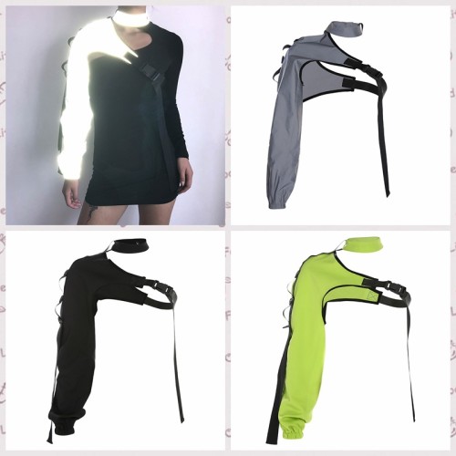Asymmetric single shoulder long sleeved backpack buckle reflective splicing top