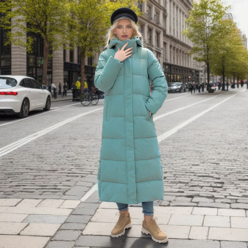 Knee length cotton jacket, women's winter hooded thick cotton coat
