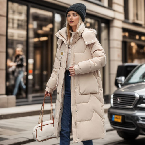 Detachable hat cotton coat for women, mid to long length, over the knee thick jacket