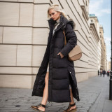 Knee length cotton jacket, women's winter hooded thick cotton coat