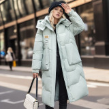 Detachable hat cotton coat for women, mid to long length, over the knee thick jacket