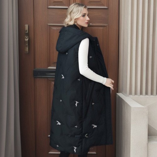 Medium to long length outerwear hooded vest for women, embroidered for warmth