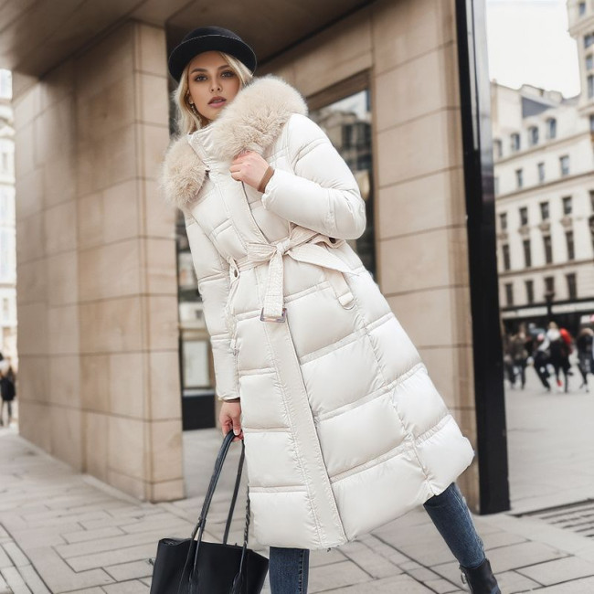 Slim fit and slimming big fur collar long cotton jacket