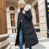 Slim fit and slimming big fur collar long cotton jacket