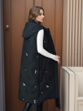 Medium to long length outerwear hooded vest for women, embroidered for warmth