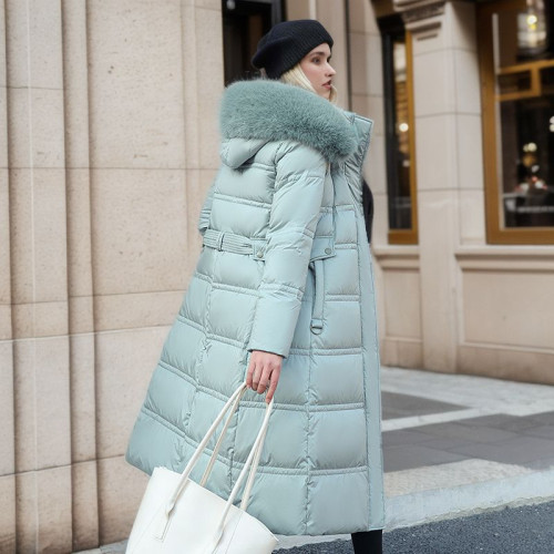 Slim fit and slimming big fur collar long cotton jacket