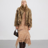 Two tone blended dense raccoon fur grass coat women's short fur coat