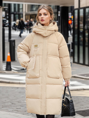 Cotton padded women's long and thick knee length hooded cotton jacket jacket