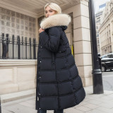 Slim fit and slimming big fur collar long cotton jacket