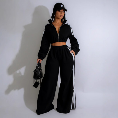 TW562 striped suit zipper thick hoodie casual commuting two-piece set